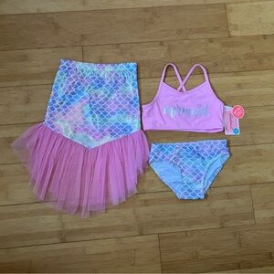 NWT Girls Size 6 Mermaid rainbow Scales Bikini Swimsuit with Tail Cover Up Skirt